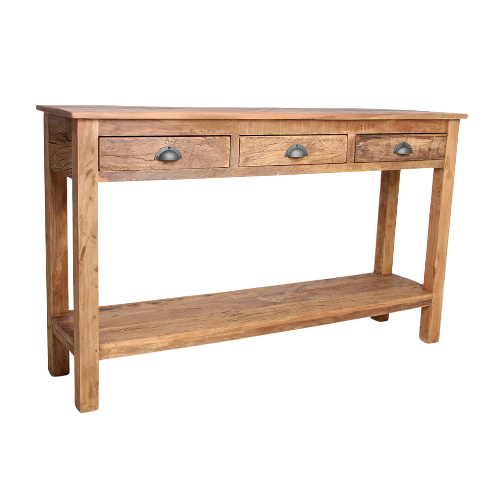 Table console bois massif rustique 150x38 cm avec 3 tiroirs et poignées noires