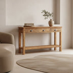 Console en bois massif rustique clair, 3 tiroirs, poignées argentées, 150x38 cm