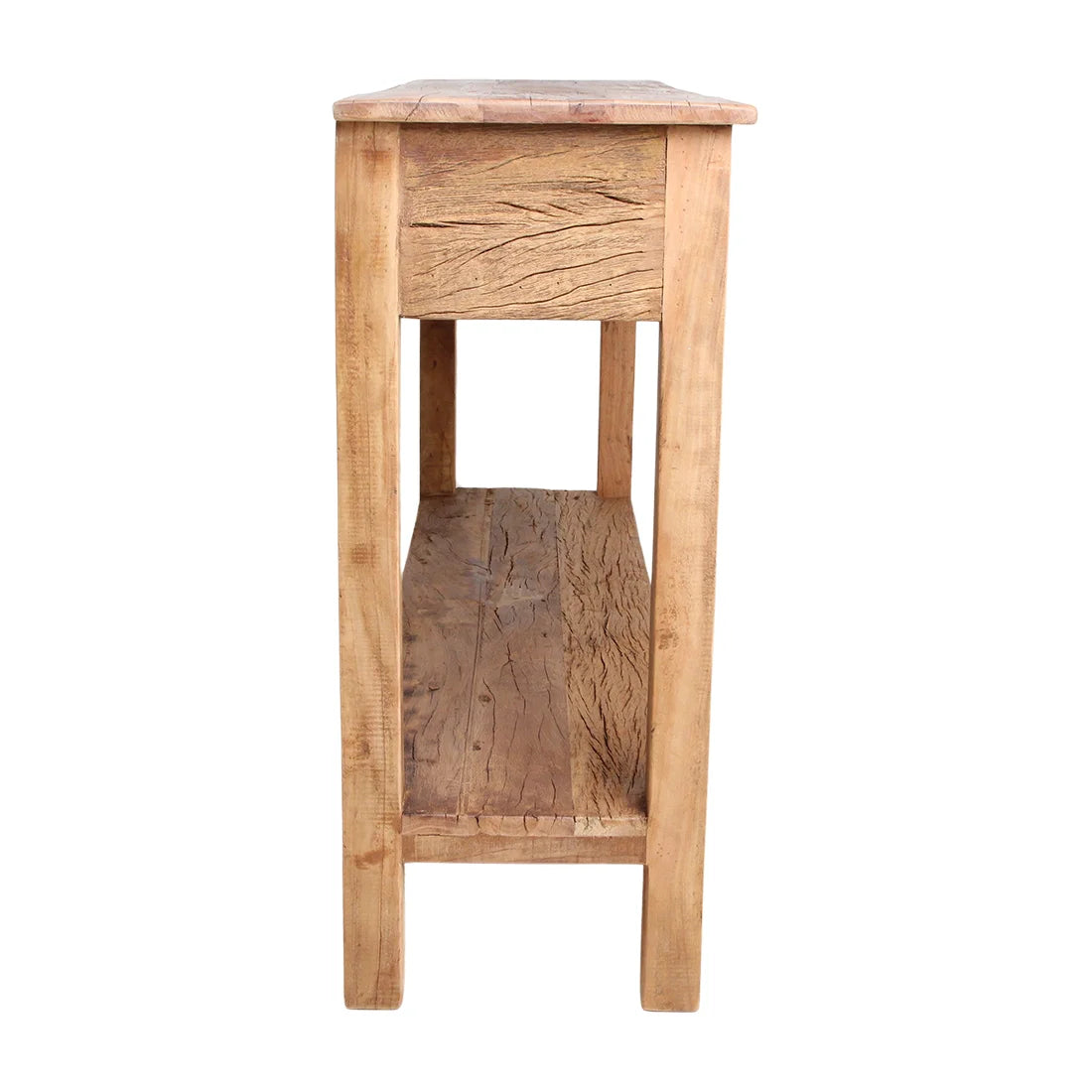 Table console bois massif rustique brun clair grain visible 2 étagères