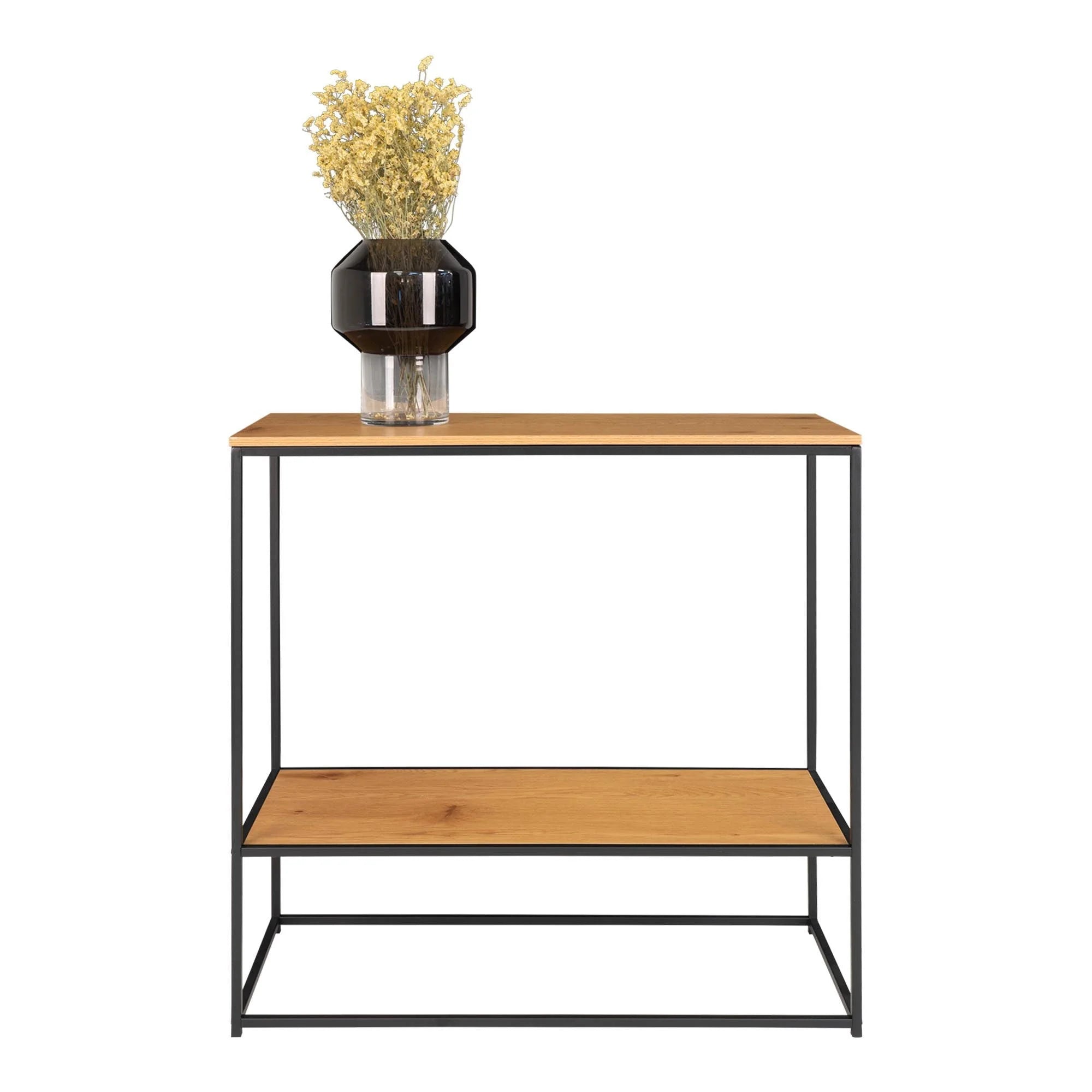 Console en bois et métal noir avec vase et deux étagères 80x36 cm
