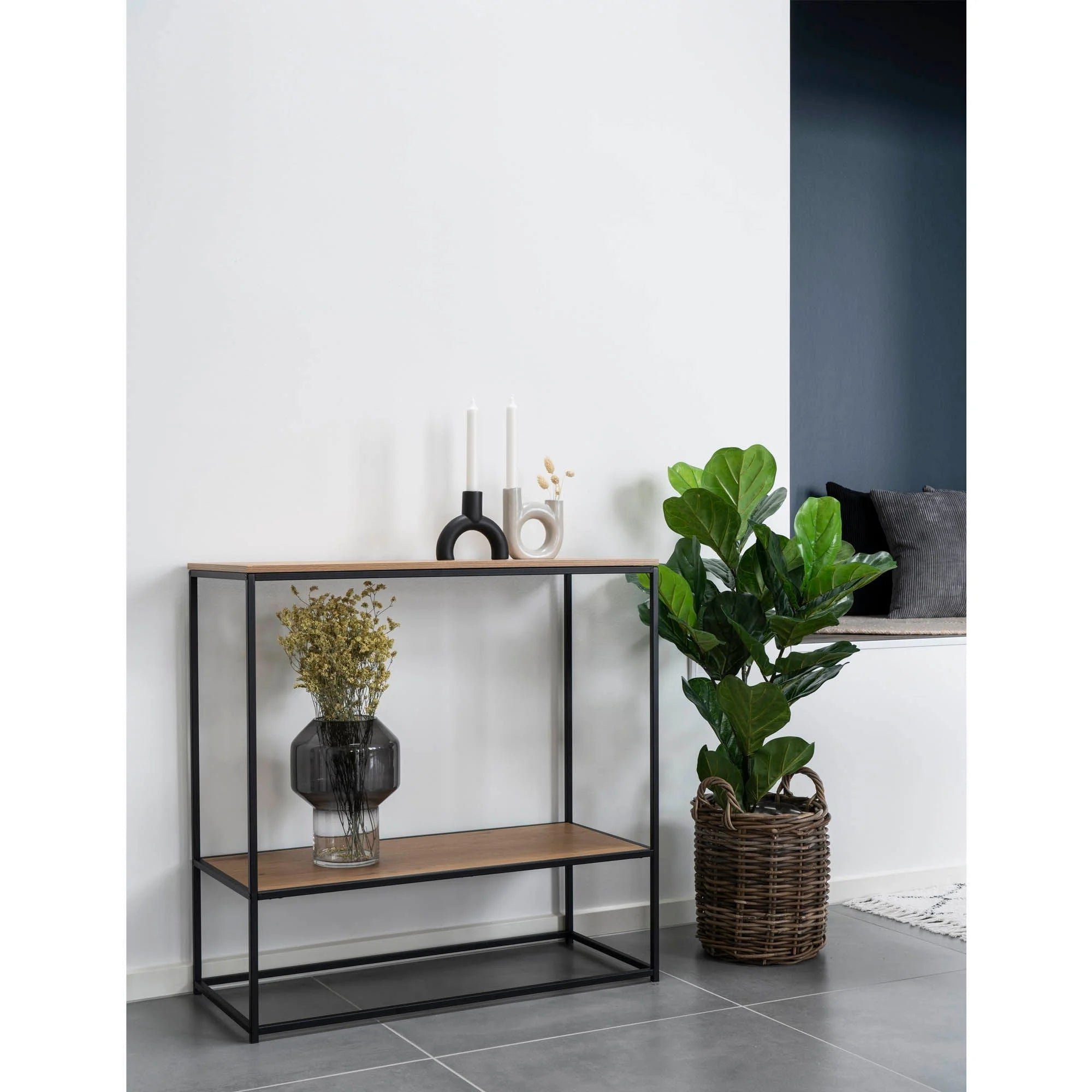 Console en bois et métal noir avec deux étagères, dimensions 80x36 cm