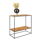 Console en bois et métal noir avec vase et fleurs pour décoration intérieure élégante