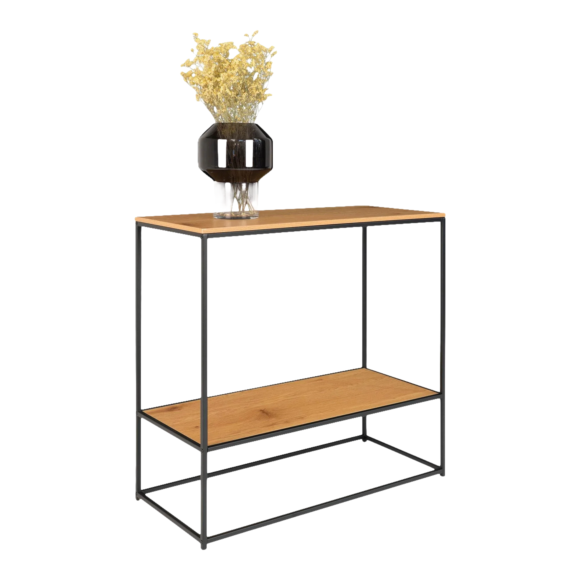 Console en bois et métal noir avec vase et fleurs pour décoration intérieure élégante