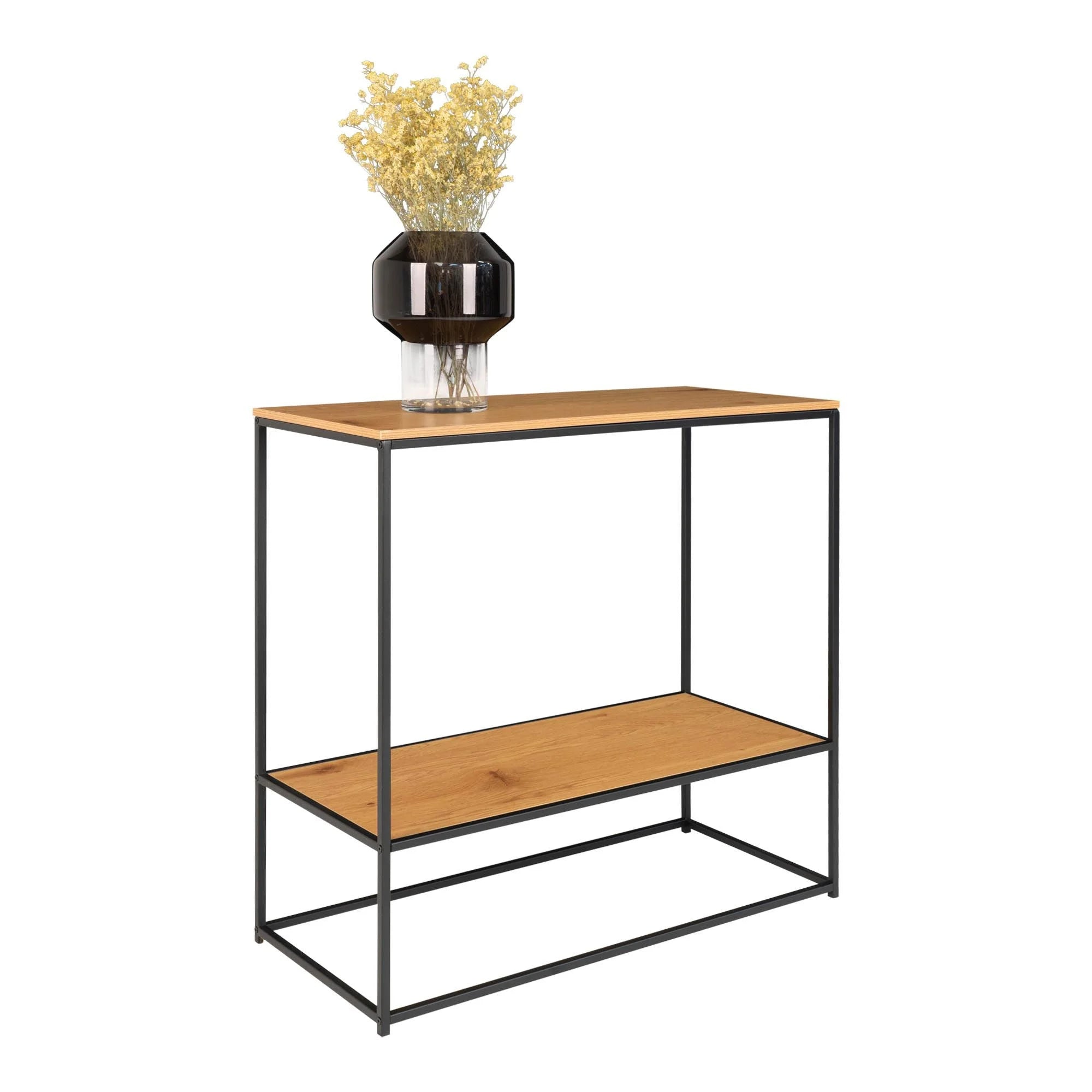 Console bois et métal noir avec vase et fleurs pour décoration intérieure élégante