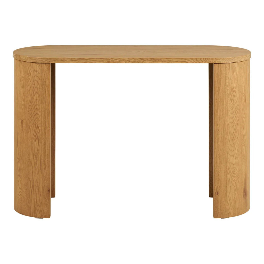 Console en bois de chêne clair naturel, pieds cylindriques, top ovale – 114x38 cm