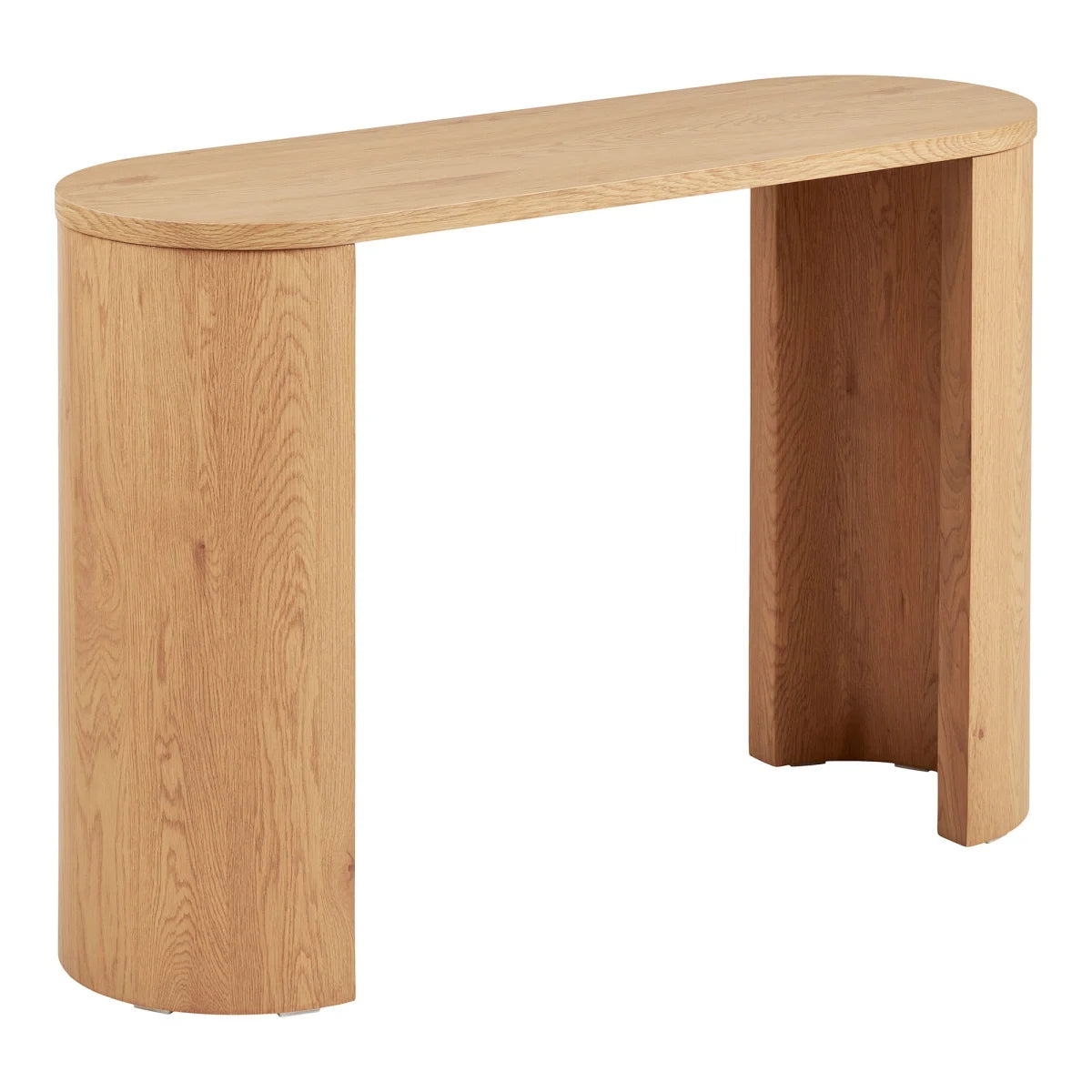 Console en bois de chêne clair naturel, pieds cylindriques, top ovale 114x38 cm