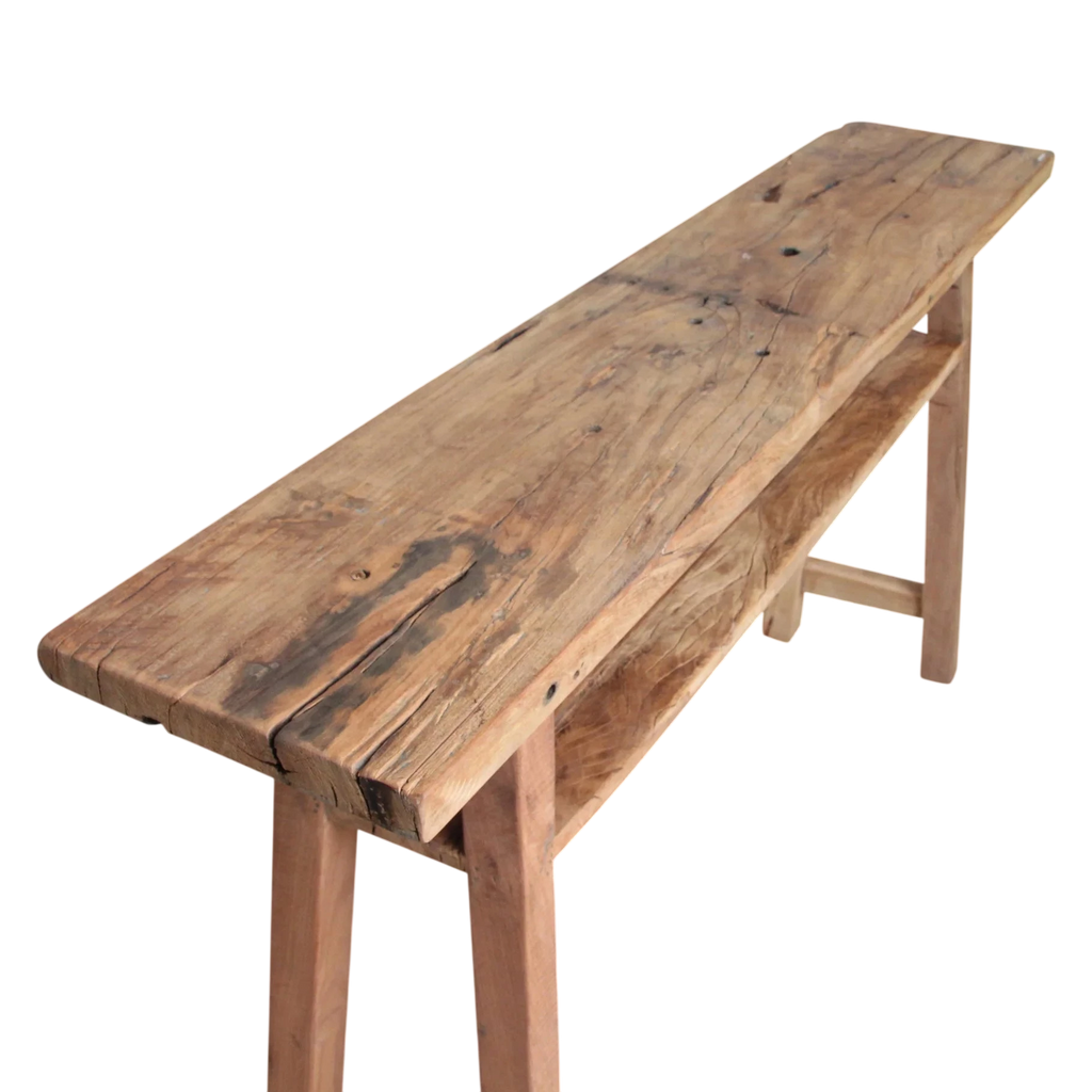 Banc en bois recyclé clair avec étagère, 140x30 cm, surface usée