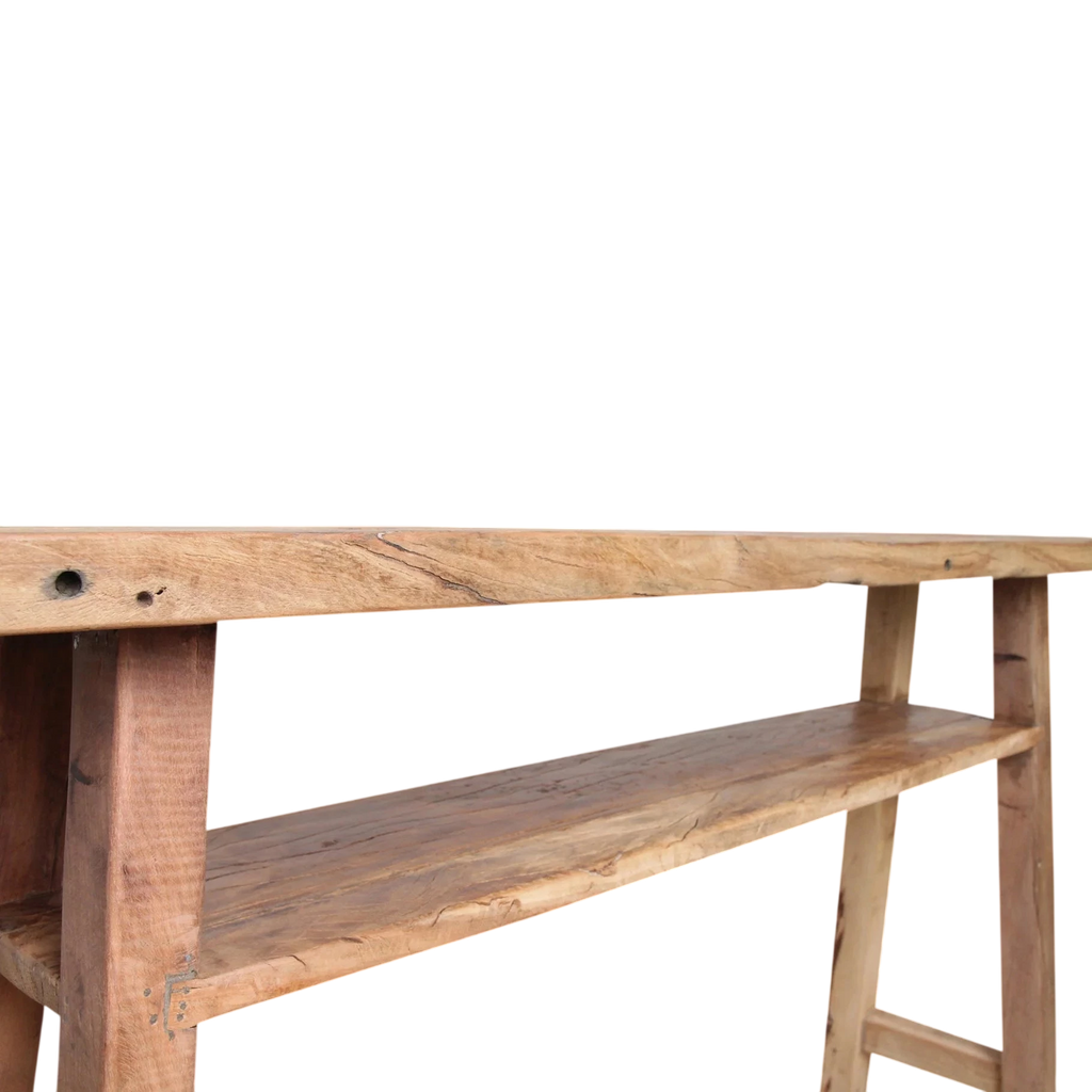 Console en bois recyclé clair, rustique brun clair à deux étagères, 140x30 cm