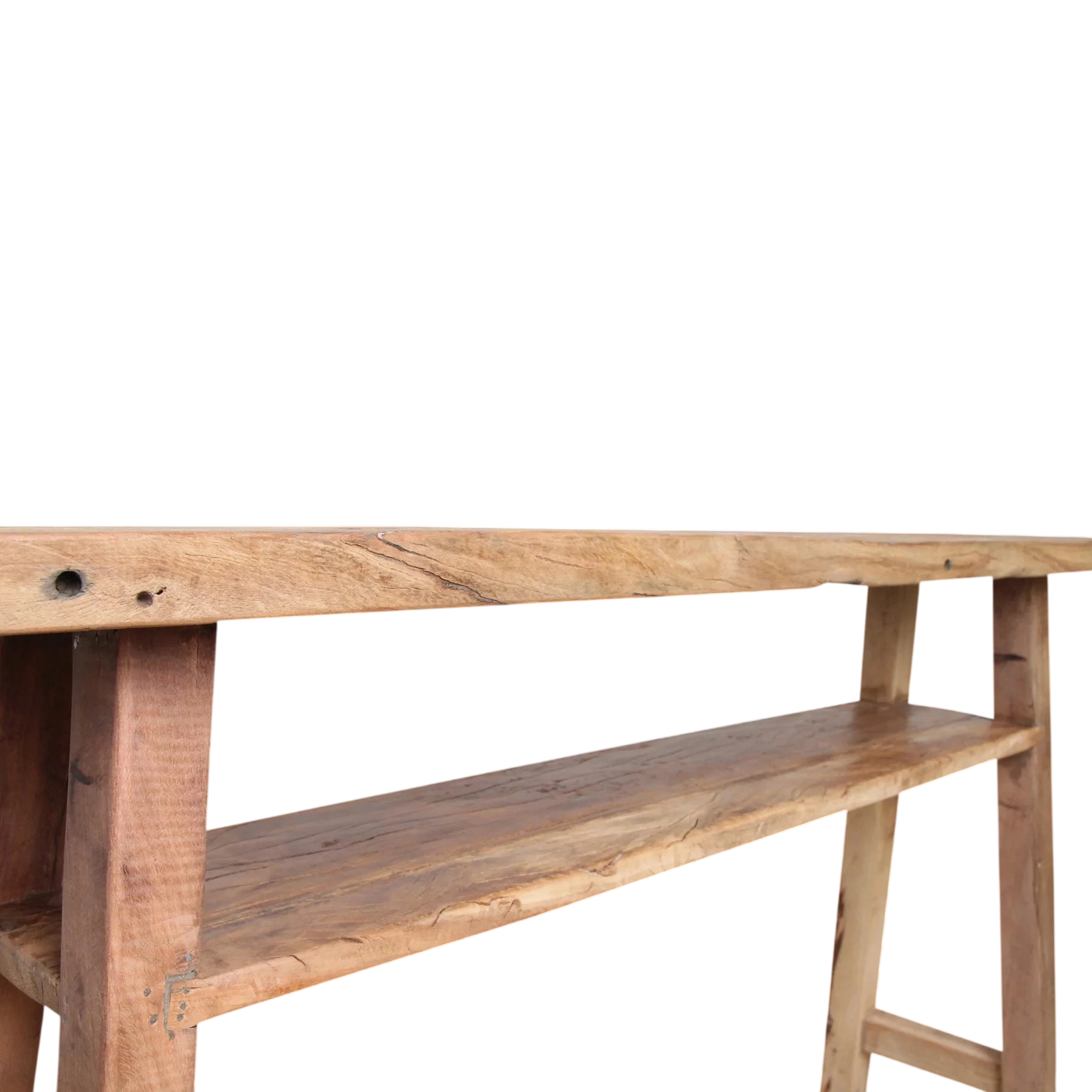 Console en bois recyclé clair, rustique brun clair à deux étagères, 140x30 cm
