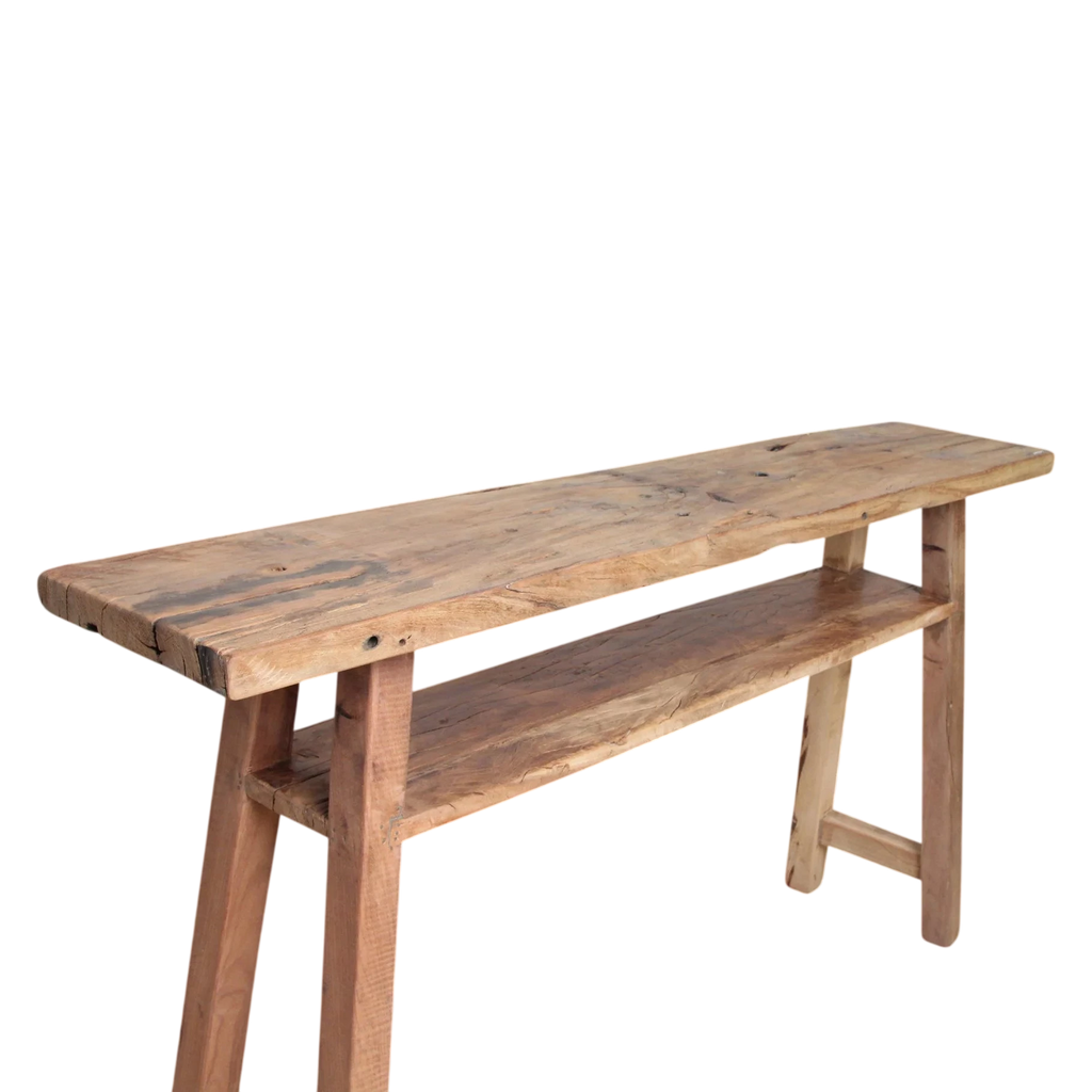 Table console en bois recyclé clair avec étagère, 140x30 cm