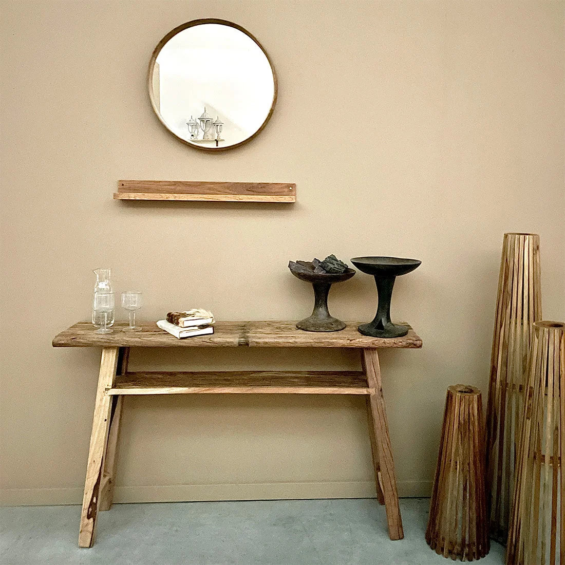 Console en bois recyclé clair avec étagère, 140x30 cm