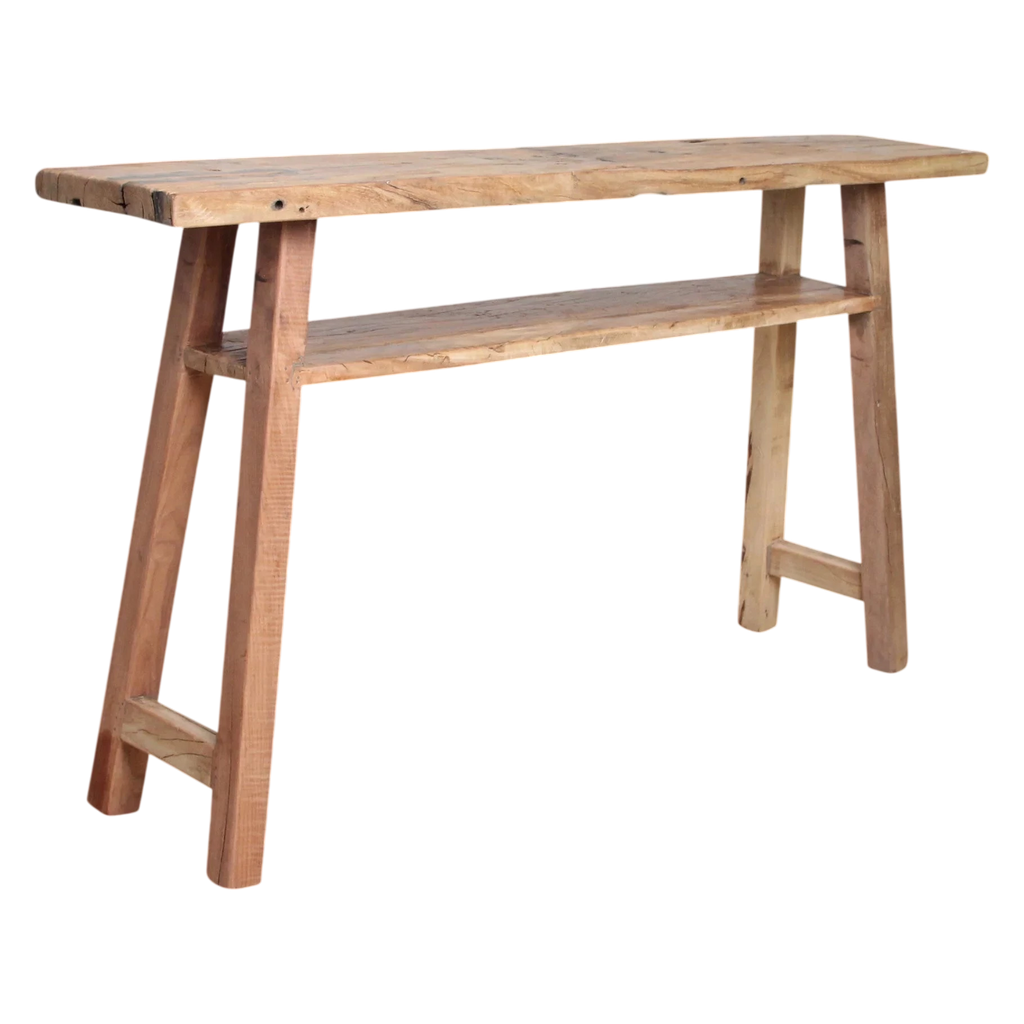 Console en bois recyclé clair avec étagère et pieds A-frame, 140x30 cm