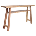 Console en bois recyclé clair avec étagère et pieds A-frame, 140x30 cm