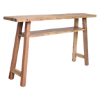 Console en bois recyclé clair avec étagère et pieds A-frame, 140x30 cm