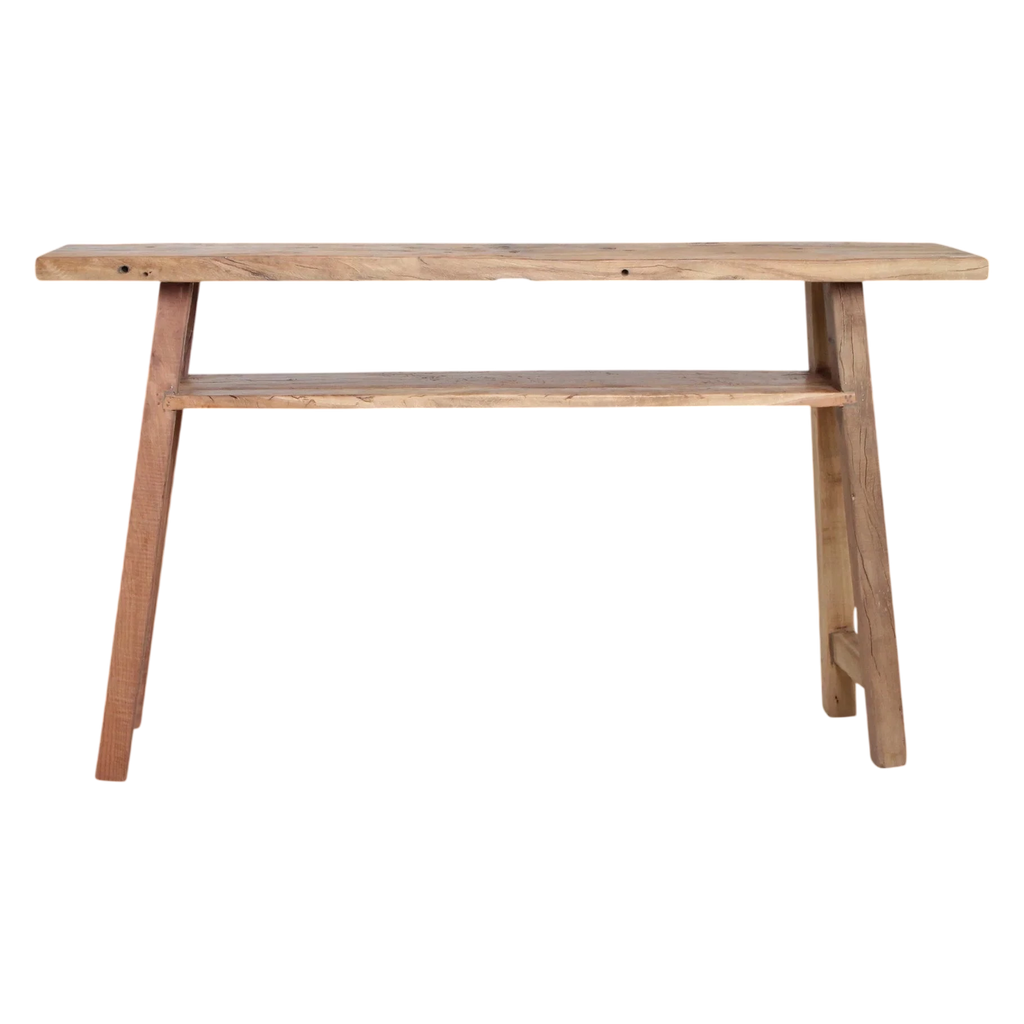 Console en bois recyclé clair avec étagère, 140x30 cm