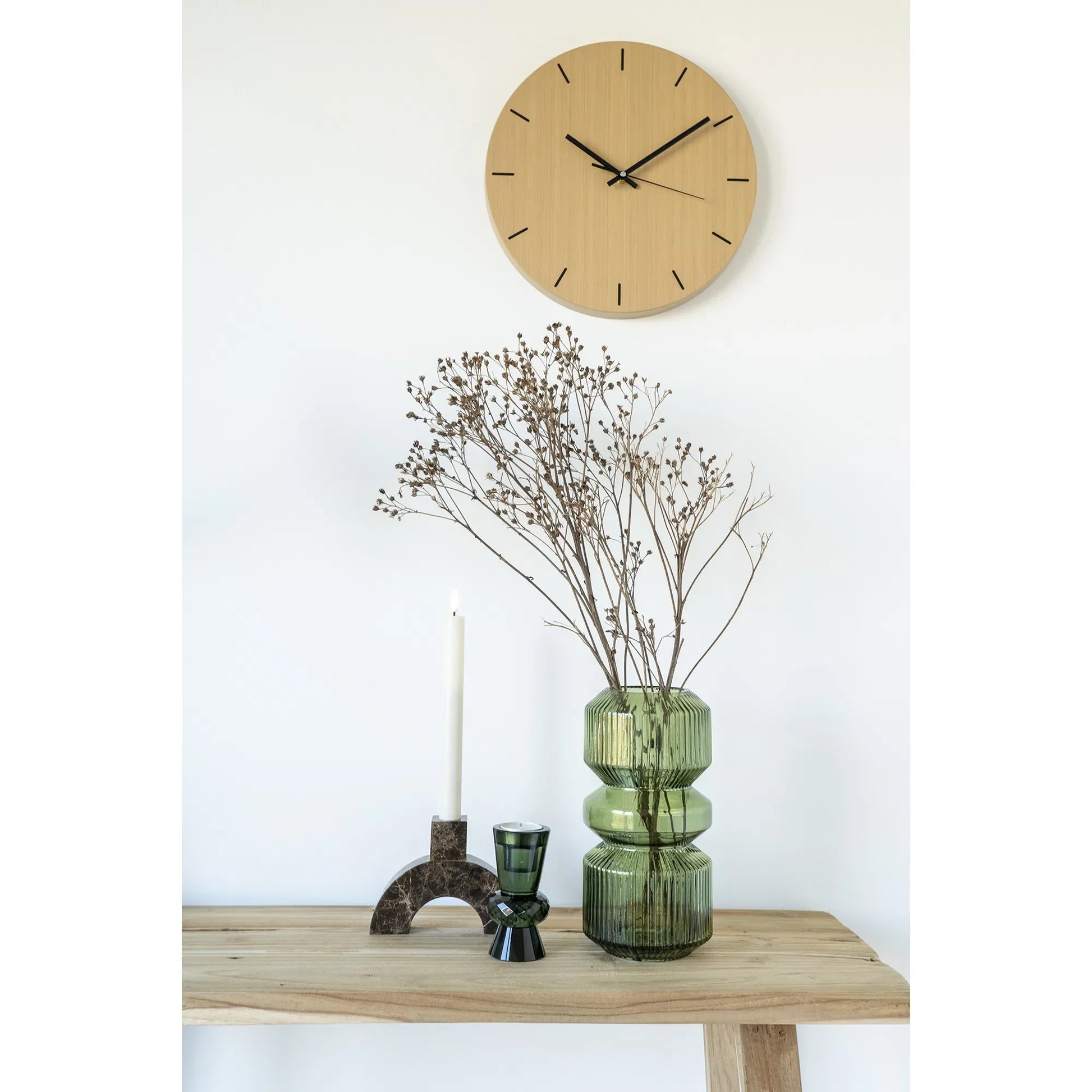 Horloge ronde en bois de teck naturel pour console au design minimaliste 90x40 cm