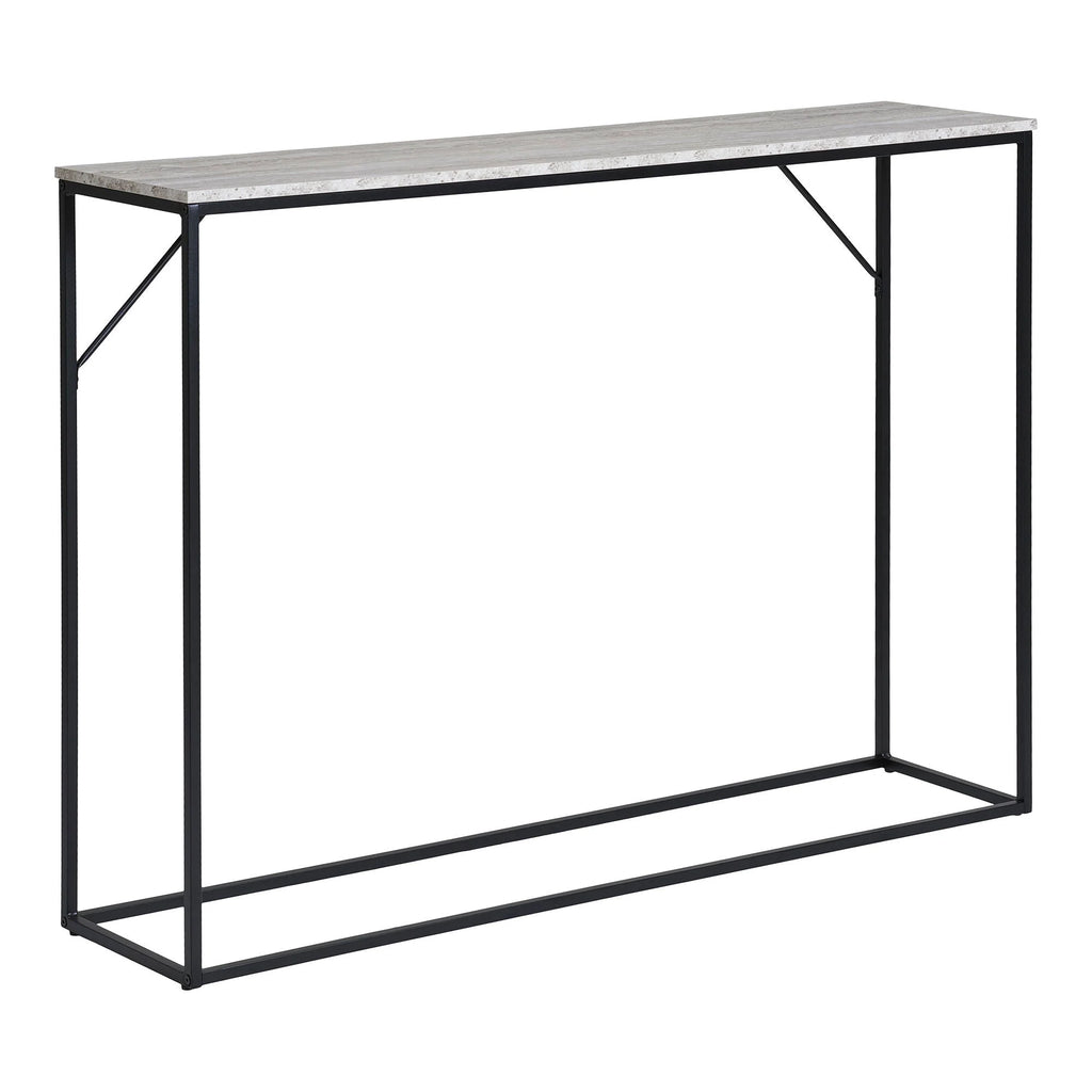 Console rectangulaire aspect travertin et métal noir avec cadre en acier de 110x26 cm