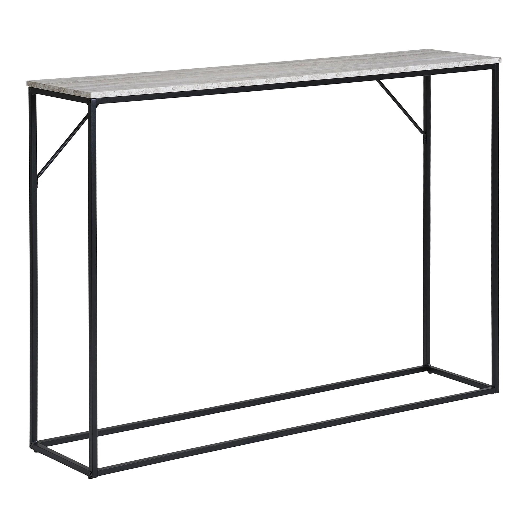 Console rectangulaire aspect travertin et métal noir avec cadre en acier de 110x26 cm