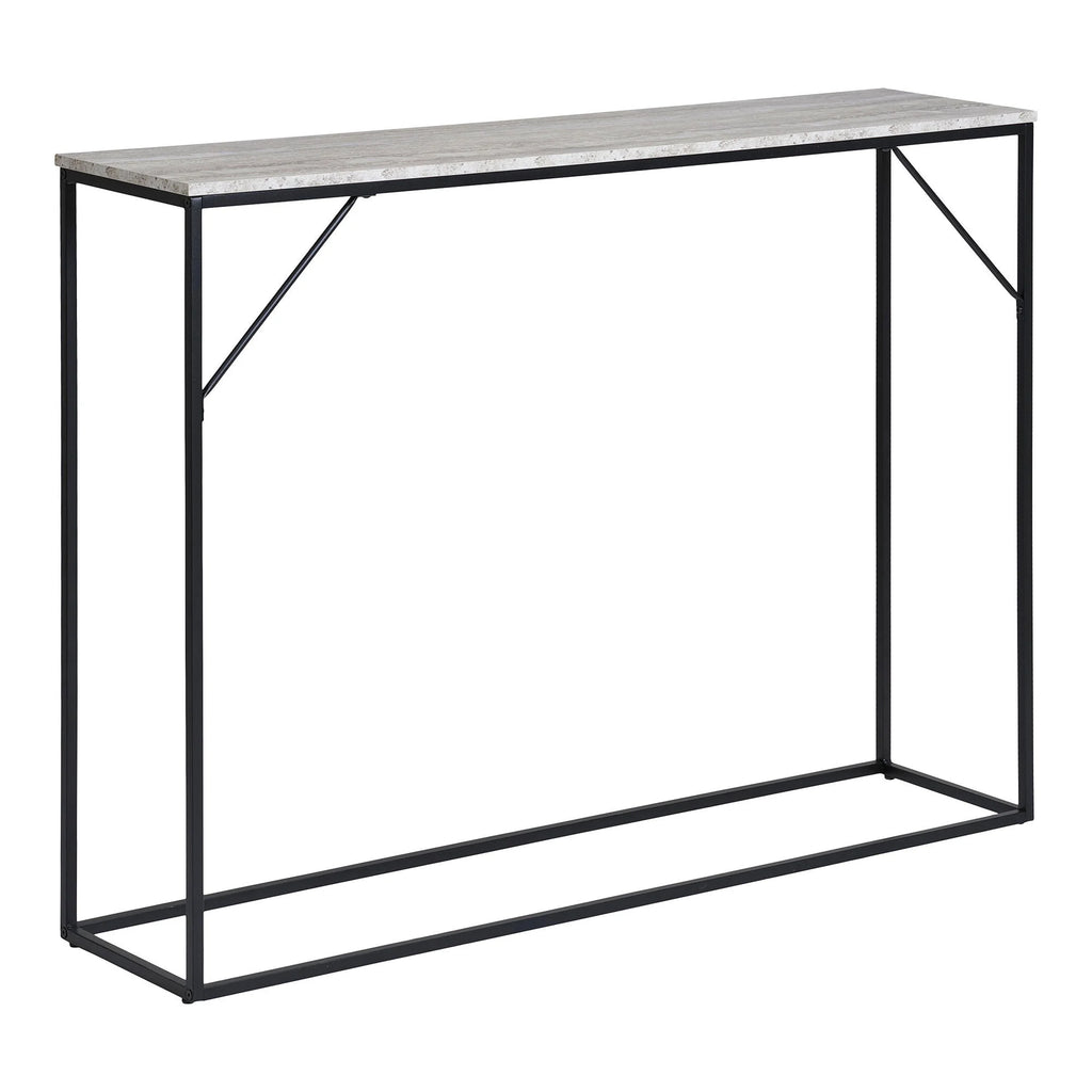 Console rectangulaire aspect travertin et métal noir avec cadre en métal noir de 110x26 cm