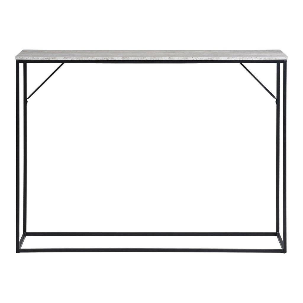 Console rectangulaire aspect travertin et métal noir avec cadre en métal noir 110x26 cm