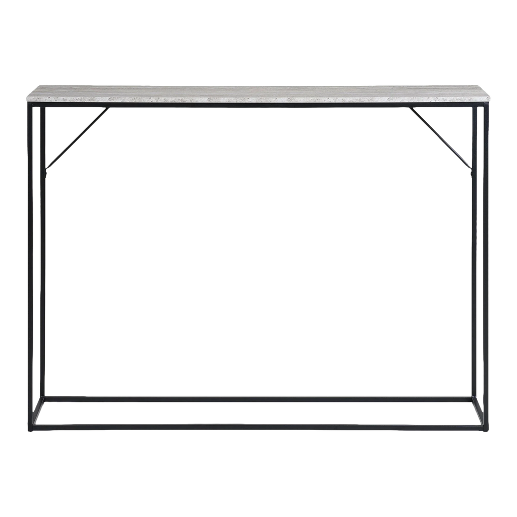 Console rectangulaire aspect travertin et métal noir 110x26 cm avec plateau faux marbre