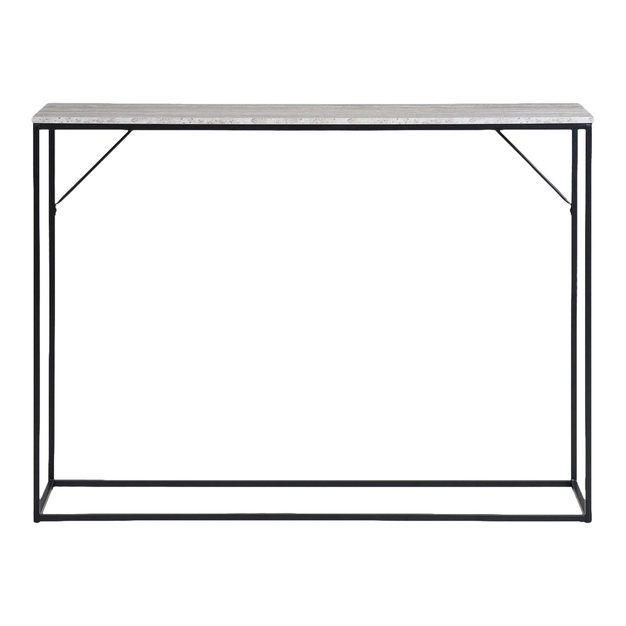 Console rectangulaire aspect travertin et métal noir 110x26 cm avec plateau faux marbre