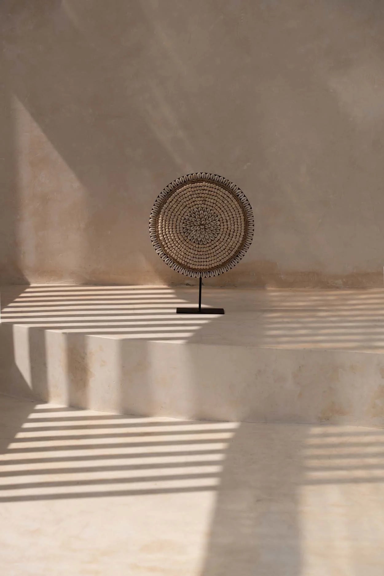 Coquillage décoratif en cauris blanc naturel sur socle noir, H40 cm