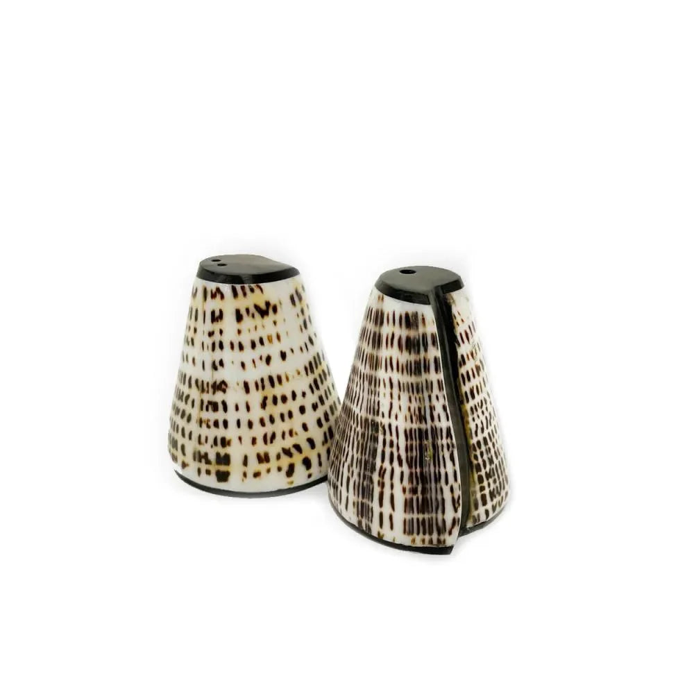 Deux salières et poivrières à motifs.