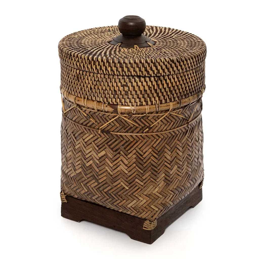 Contenant de rangement en rotin tissé avec couvercle pour salle de bain marron naturel