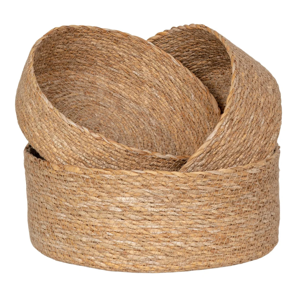 Panier rond en jonc de mer tressé naturel, set de 3, teinte tan terreuse