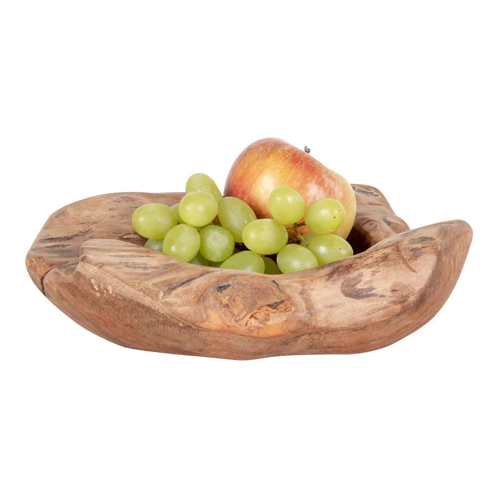 Bol en bois de teck sculpté avec raisins verts et pomme, décoration organique naturelle