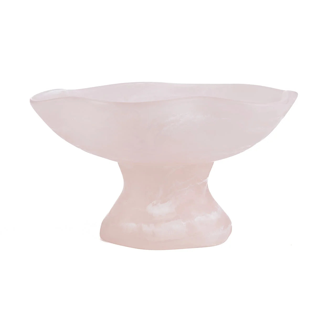 Coupe décorative en résine rose quartz translucide marbrée sur pied organique sculptural poli