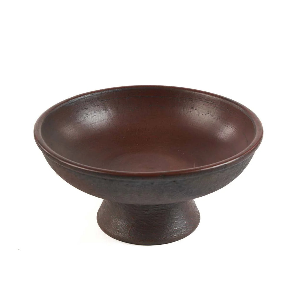 Bol en céramique terre cuite brun foncé avec pieds, aspect patiné, diamètre 30 cm