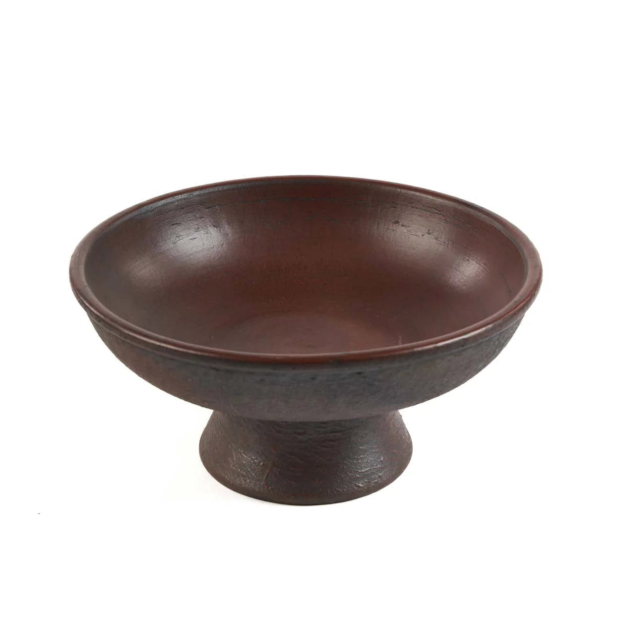 Bol en céramique terre cuite brun foncé avec pieds, aspect patiné, diamètre 30 cm
