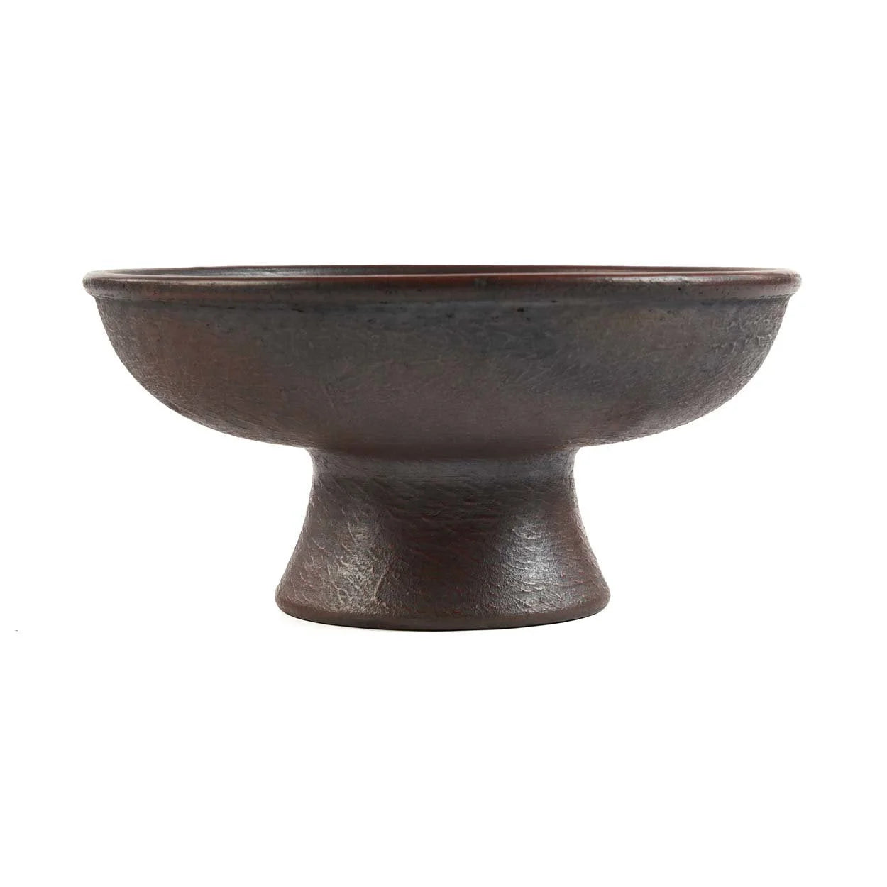 Bol en céramique terre cuite foncé avec pied et surface texturée, diamètre 30 cm