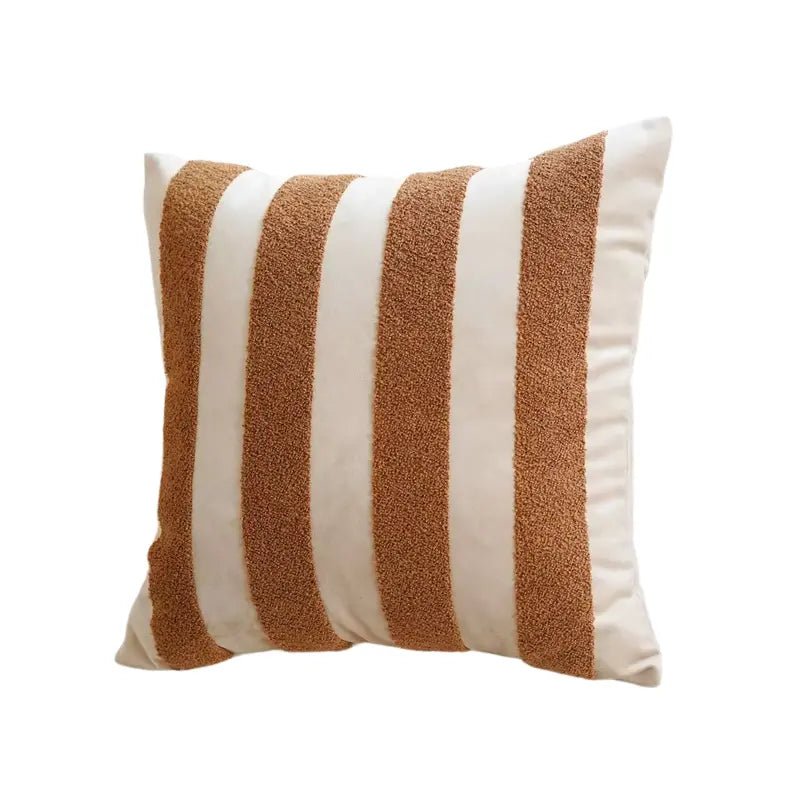 Coussin bohème rayé beige fond blanc