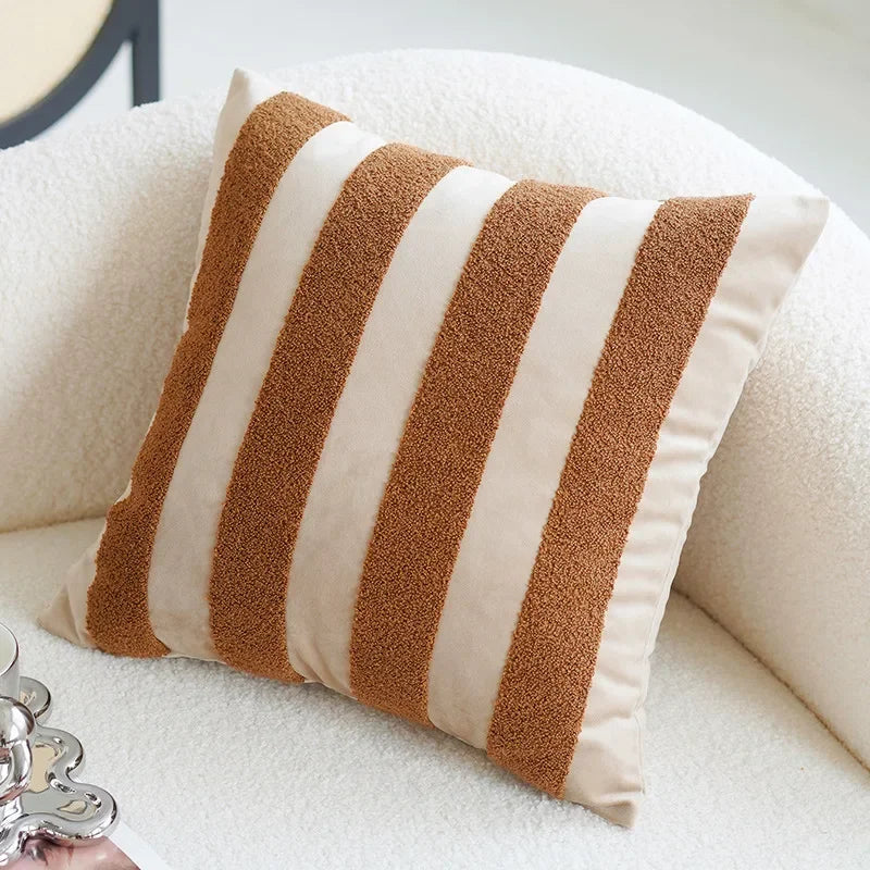 Coussin bohème rayé beige