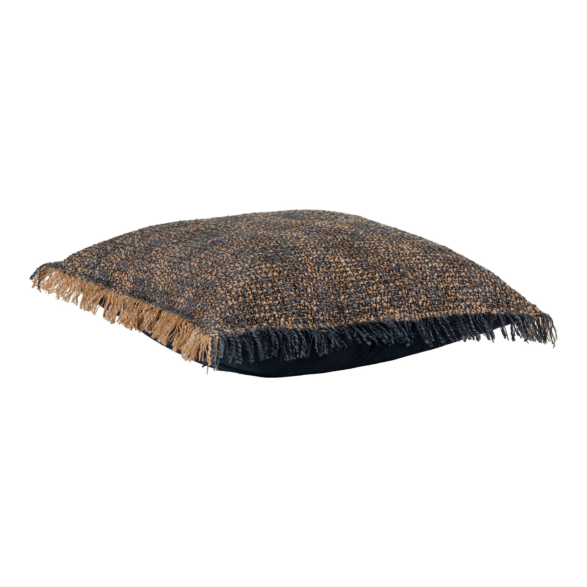 Coussin carré tressé bleu et brun avec franges brun et noir