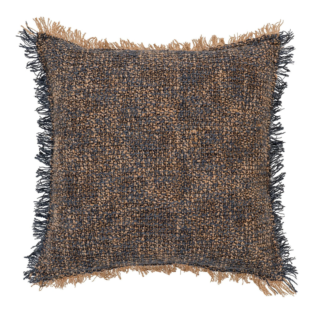Coussin carré tressé bleu et brun avec franges pour la décoration intérieure