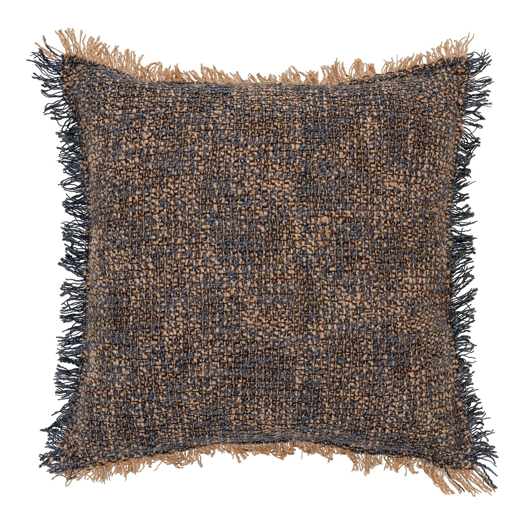 Coussin carré tressé bleu et brun avec franges pour la décoration intérieure