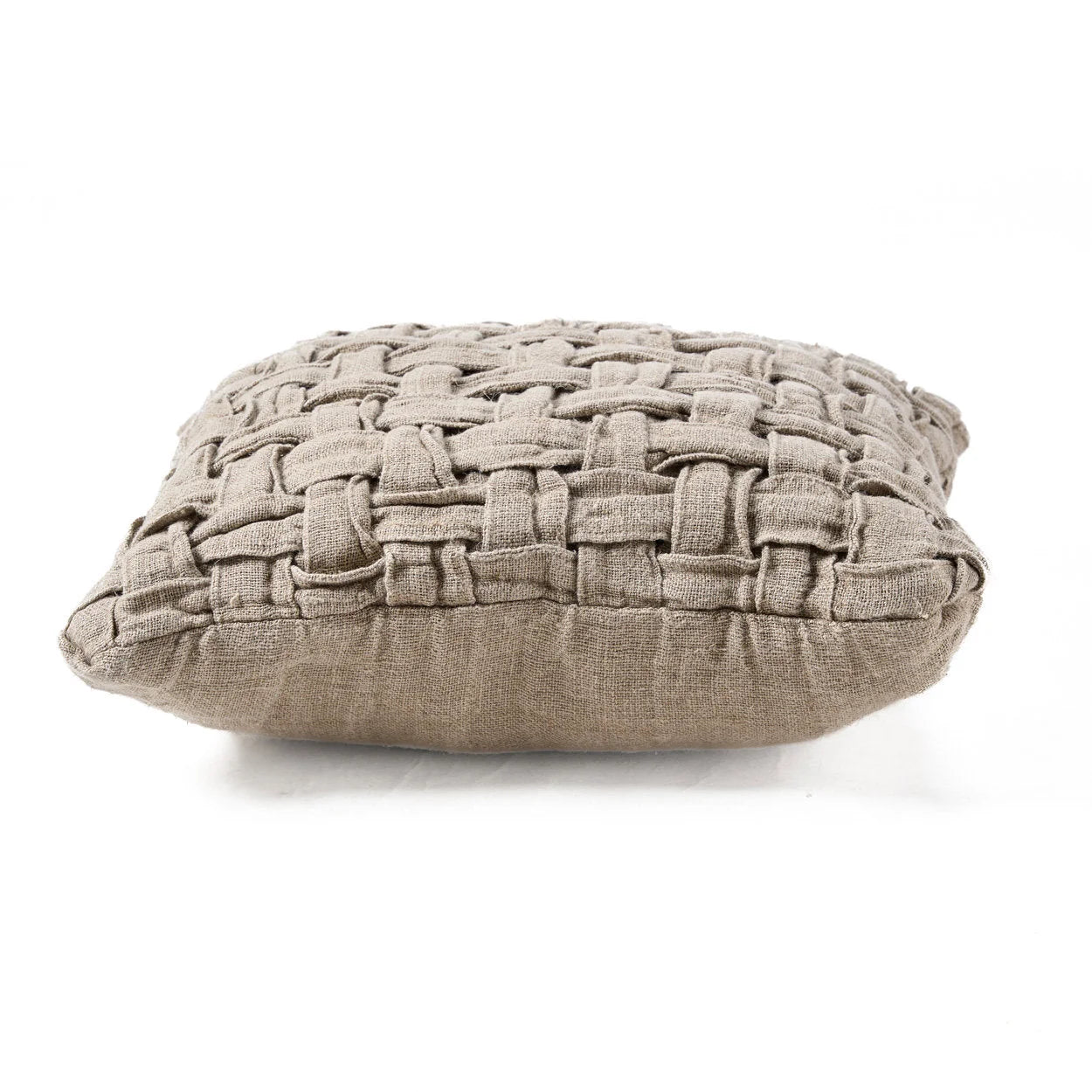 Coussin décoratif carré en lin naturel beige tressé façon panier texturé