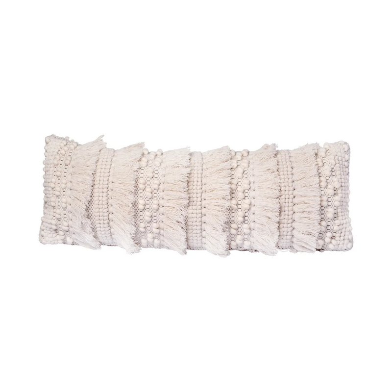 Coussin long en laine écrue avec franges et motifs tuftés – 35x95 cm