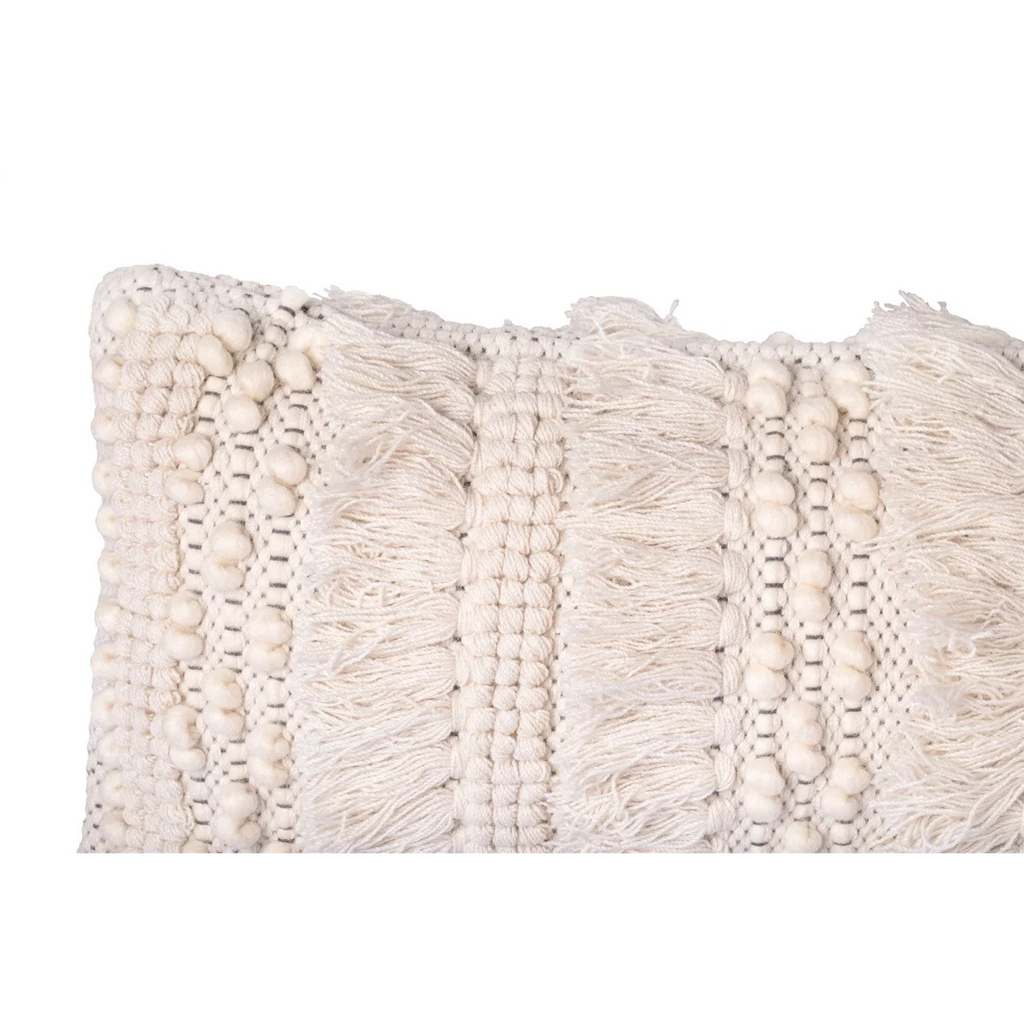 Coussin long en laine écrue avec franges et motifs tuftés, 35x95 cm