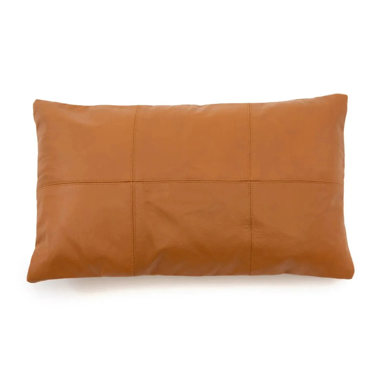 Coussin rectangulaire en cuir camel 30x50 cm avec panneaux cousus