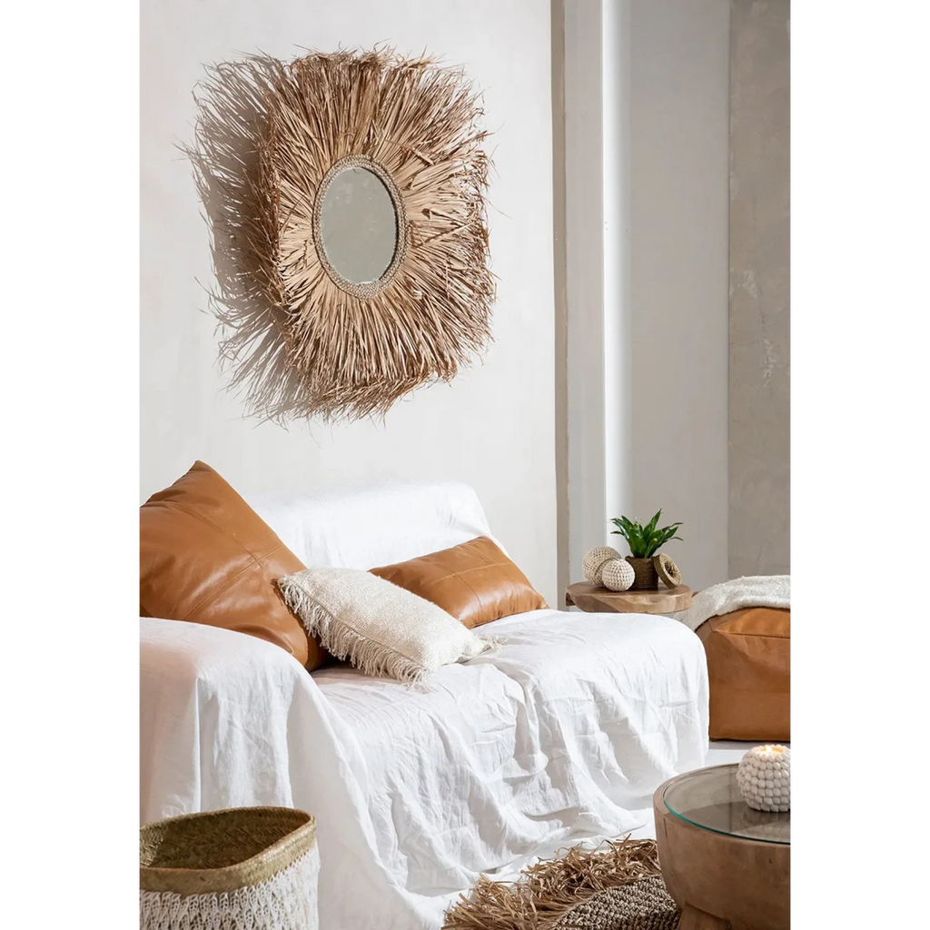 Miroir mural décoratif avec cadre en paille naturelle et frange en osier
