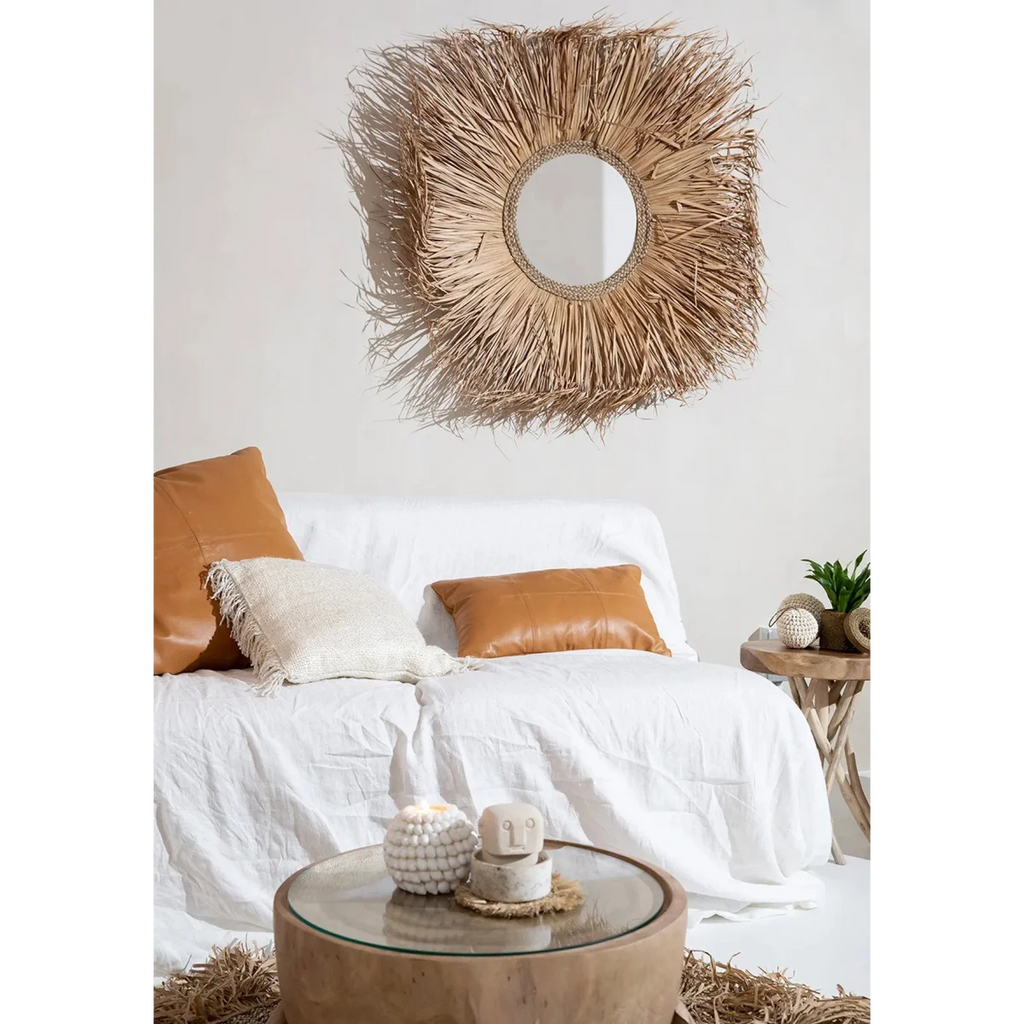 Miroir rond avec cadre en paille naturelle en forme de rayon de soleil large