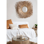 Miroir rond avec cadre en paille naturelle en forme de rayon de soleil large