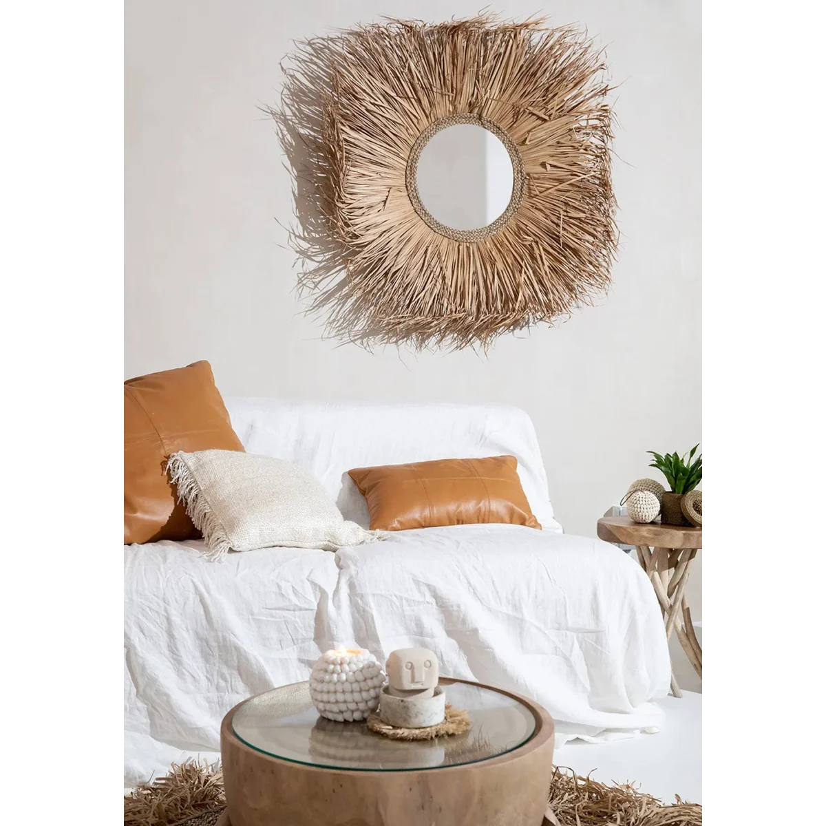 Miroir rond avec cadre en paille naturelle en forme de rayon de soleil large