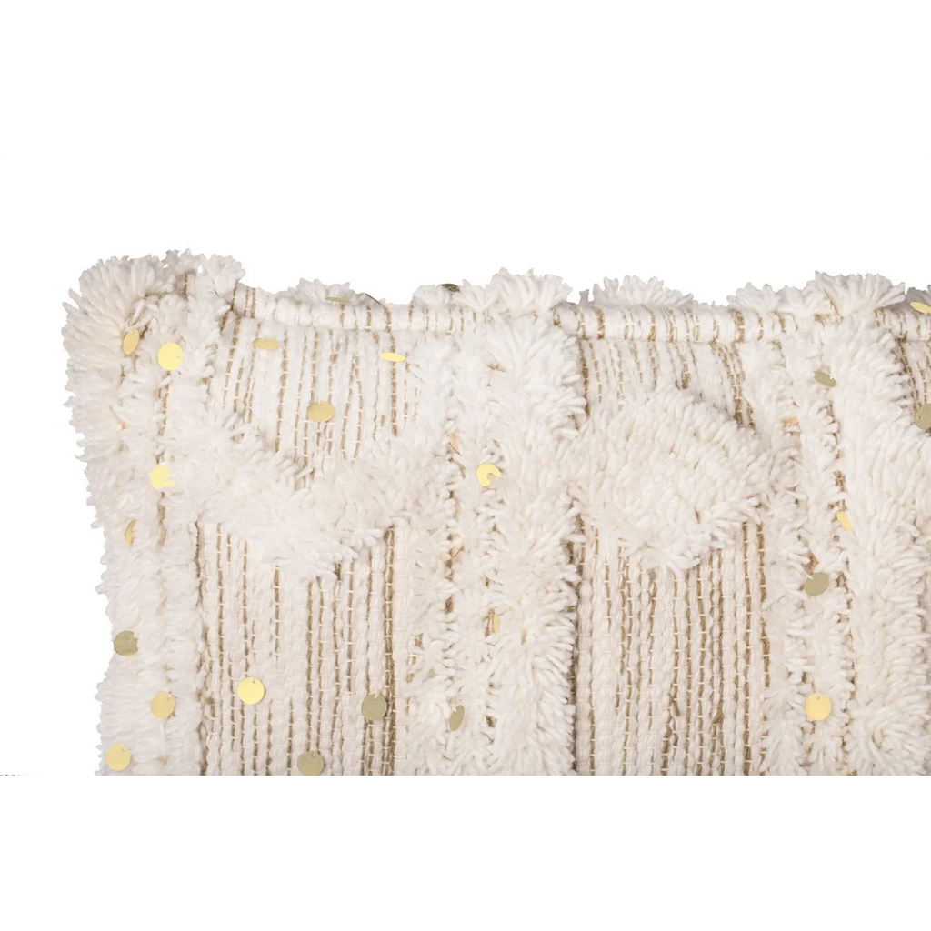 Coussin rectangulaire en laine écrue et khaki avec sequins dorés et franges texturées