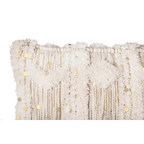 Coussin rectangulaire en laine écrue et khaki avec sequins dorés et franges texturées